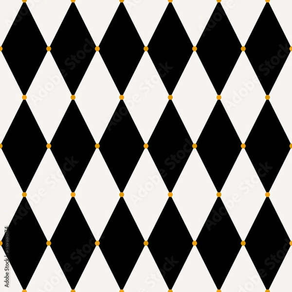 Fototapeta Seamless harlequin check pattern in black and white with gold dots. Vector geometric background