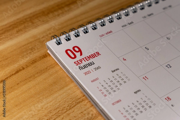Obraz Sep month 2022 Calendar page on wooden background