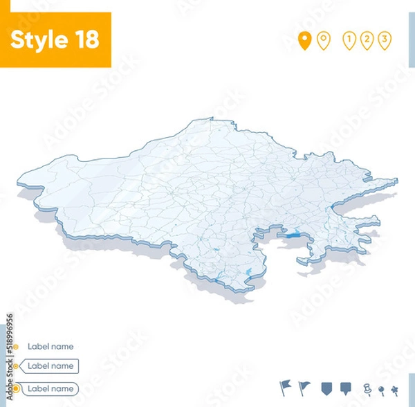 Fototapeta Rajasthan, India - 3d map on white background with water and roads. Vector map with shadow.