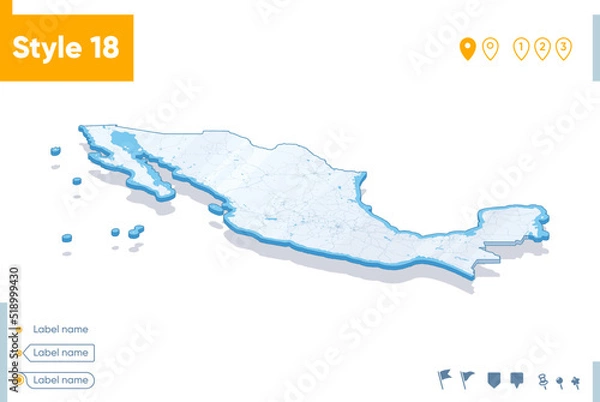 Fototapeta Mexico - 3d map on white background with water and roads. Vector map with shadow.