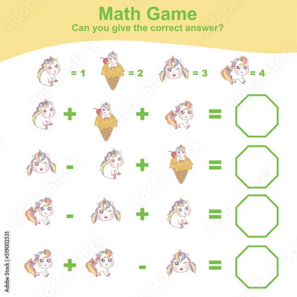 Fototapeta Counting unicorn worksheet. Math worksheet with unicorn theme. Learning how to counting for preschool children. This worksheet is perfect for educating children about how to count. Vector illustration