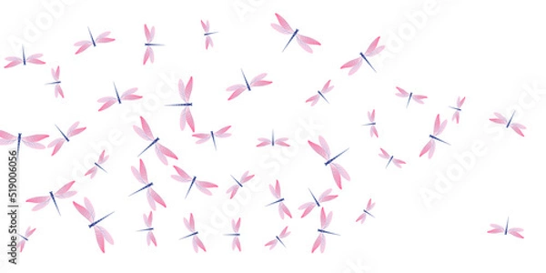 Fototapeta Tropical rosy pink dragonfly cartoon vector wallpaper. Summer colorful damselflies. Simple dragonfly cartoon baby background. Delicate wings insects graphic design. Tropical beings