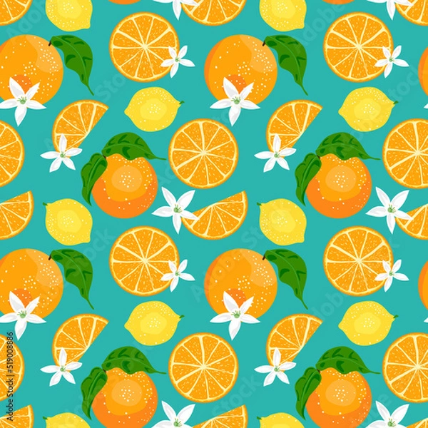 Obraz Orange, lemon pattern. Tropical citrus fruits leaves, flowers seamless pattern background.