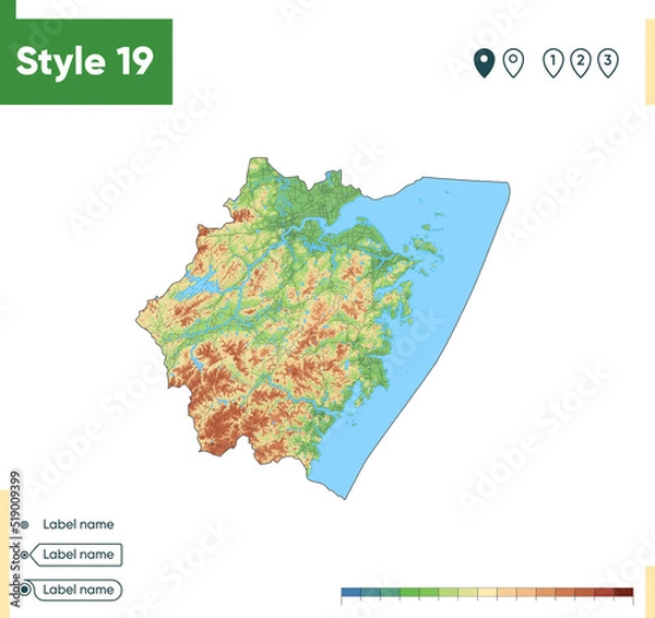 Fototapeta Zhejiang, China - high detailed physical map. Vector map. Dem map.