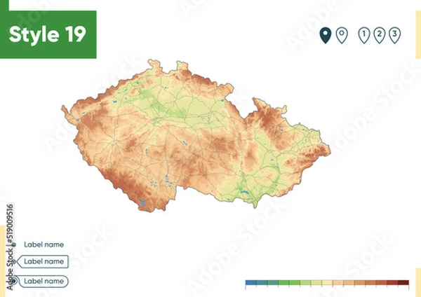 Fototapeta Czech Republic - high detailed physical map. Vector map. Dem map.