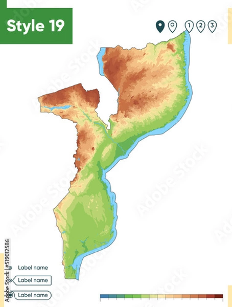 Fototapeta Mozambique - high detailed physical map. Vector map. Dem map.