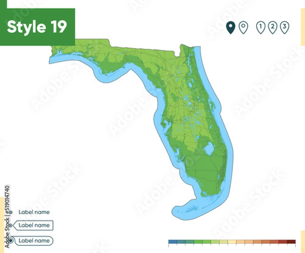 Fototapeta Florida, USA - high detailed physical map. Vector map. Dem map.