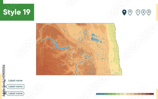 Fototapeta North Dakota, USA - high detailed physical map. Vector map. Dem map.