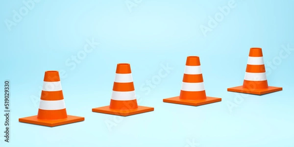 Fototapeta 3D render, 3D illustration. Traffic construction cone with white and orange stripes on blue pastel background. Minimal concept
