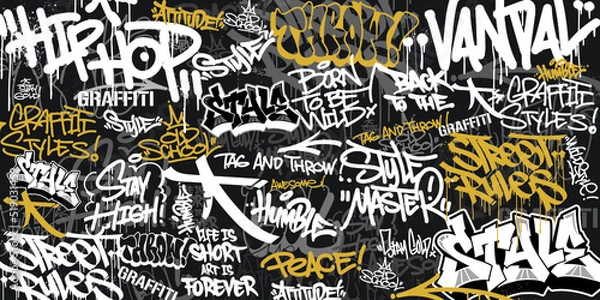 Fototapeta Tło graffiti z rzucaniem i tagowaniem ręcznie rysowanym stylem. Urban Meme Graffiti Graffiti do wydruków, banerów i tekstyliów w formacie wektorowym.