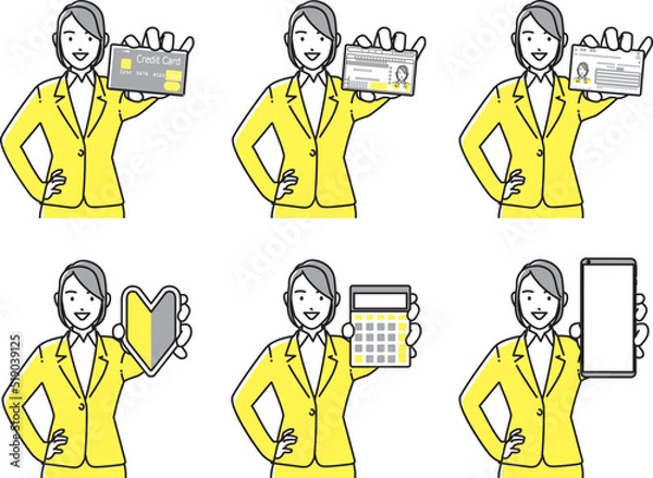 Obraz 初心者マーク・計算機・スマホを提示する女性　上半身　セット