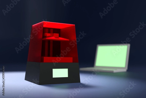Obraz 3D rendered image. Low polygon 3D objects. A 3D Printer and a notebook computer on the desk.