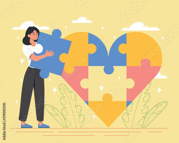 Fototapeta Woman with puzzle heart. Conscious building of love and relationships. Mental health, psychology, self knowledge. Girl collects conundrum in shape of large heart. Cartoon flat vector illustration