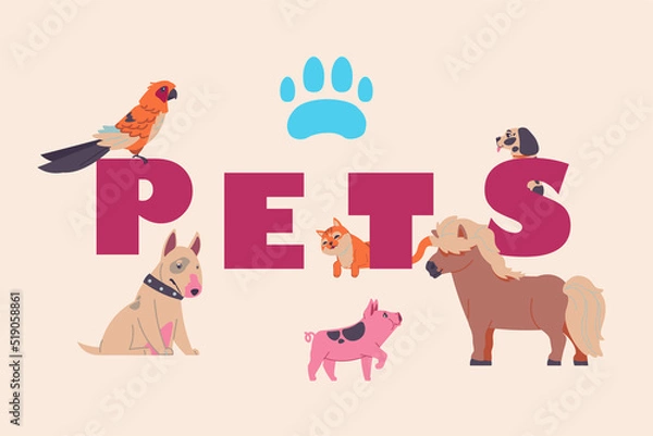Fototapeta Adopted pets. Cartoon banner with lettering. People taking animals from vet clinics and dog shelter. Pig or horse. Domestic mammal characters set. Cat and bird. Vector veterinary flyer