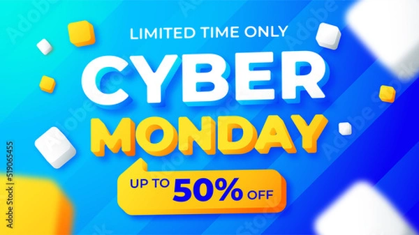 Fototapeta Web banner cyber monday sale up to 70% off, blue color for social media stories sale, web page, mobile phone. template design special offer