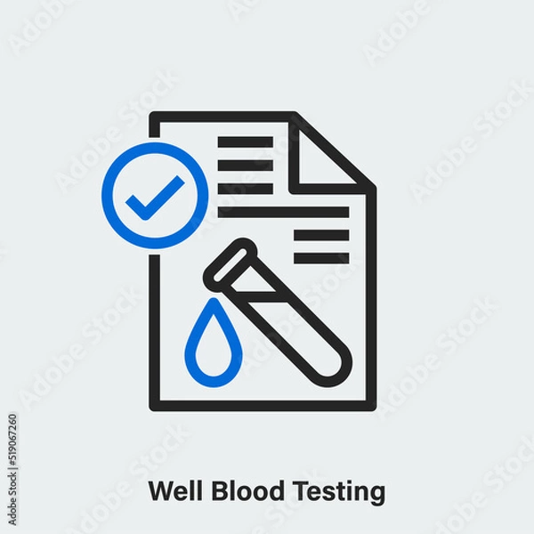 Obraz Well blood testing linear vector icon on light grey. Isolated outline pictogram of medical document with test tube and drop