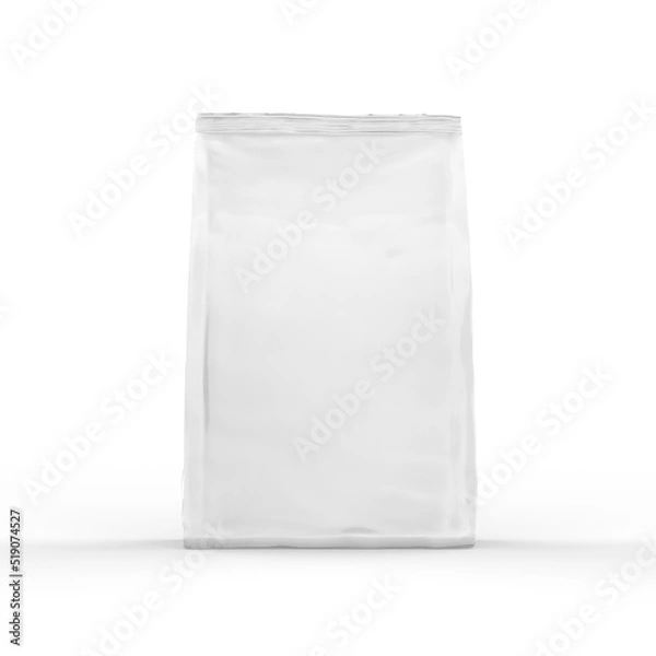 Fototapeta Blank white foil or paper food stand up pouch mockup, snack sachet bag packaging mock up, 3d render illustration