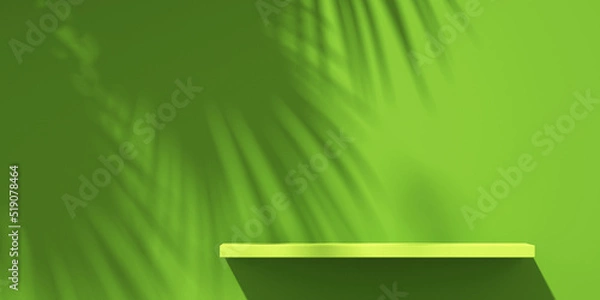 Fototapeta 3D green and yellow product podium display with orange background and tree shadow,summer product mockup background,3D render illustration