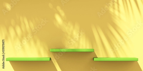 Fototapeta 3D green and yellow product podium display with orange background and tree shadow,summer product mockup background,3D render illustration