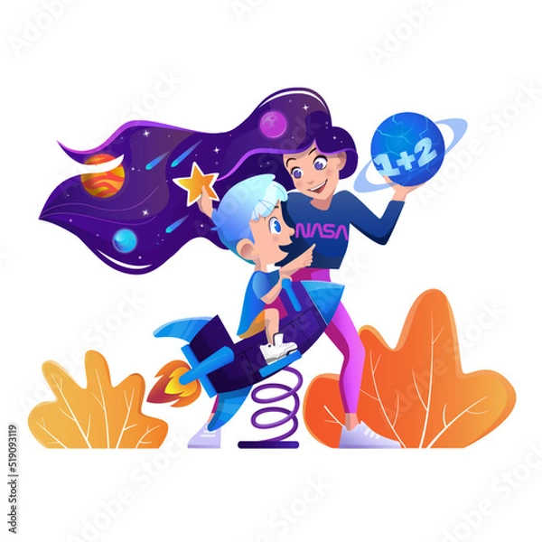 Obraz Young women playing educational game with child on playground. Vector cartoon illustration about maternity, babysitting, future educational technologies.