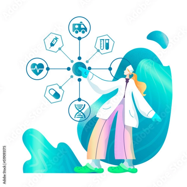 Obraz Medicine doctor vector character touching icon medical network connection with modern virtual screen interface, medical technology network concept