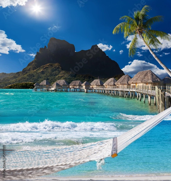 Obraz  palms , hammock and ocean. Bora-Bora. Polynesia