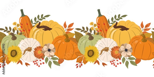 Obraz Cute autumn color pumpkins, flowers, berries, and leaves horizontal seamless pattern. Isolated on white background. Seasonal fall banner design for greeting or promotion.