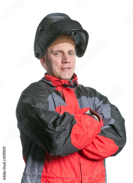 Obraz Portrait of man in working clothes and a welder mask