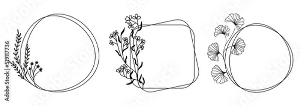 Fototapeta Botanical monochrome frames with flowers and leaves. Hand-drawn vector wreath for logo, invitation, wedding, tag, funeral card, obituary. Black linear pattern on a white background.
