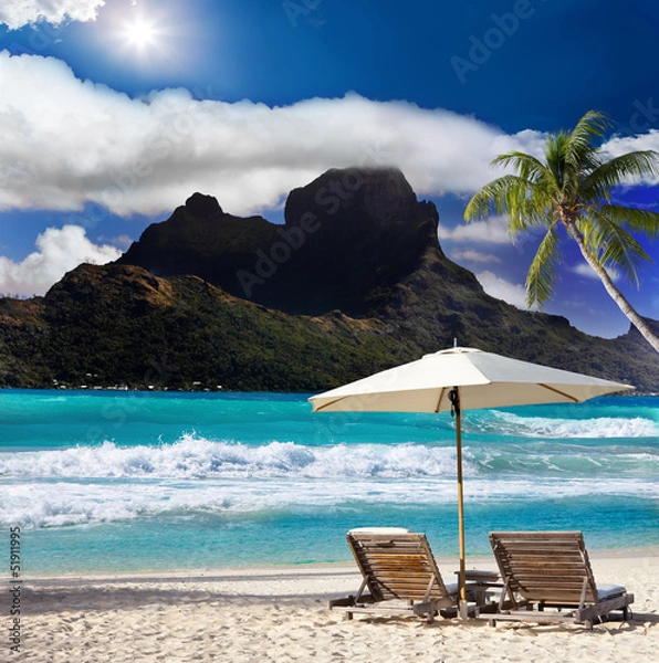 Obraz View of the mountain ,beach chairs and sea.