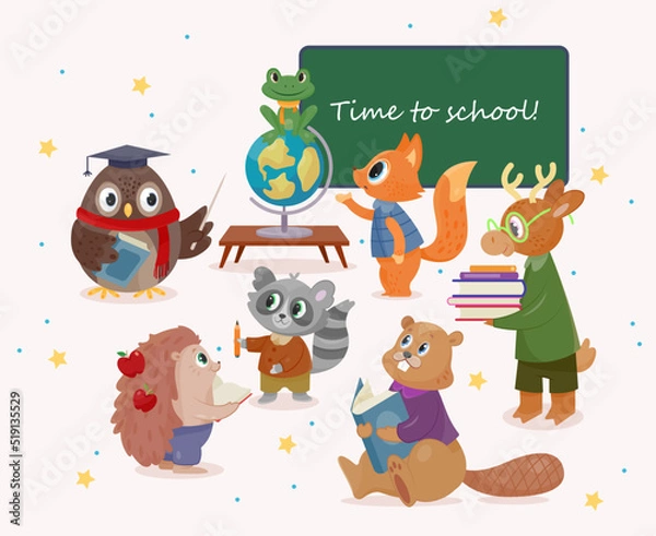 Fototapeta Set of School animal characters. Education and study. Deer, raccoon, fox, hedgehog and beaver with books, globe and school supplies. Owl teacher with pointer. Cartoon flat vector illustration