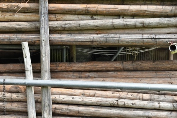 Obraz 日本の田舎、原風景、夏、美山、かやぶき、美山かやぶきの里、田んぼ、稲、水田、木材加工、家屋、古民家、屋敷、倉庫、トラクター