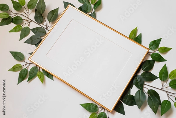 Fototapeta Mock up poster. Minimal template with empty picture frame mock up. White background with plants