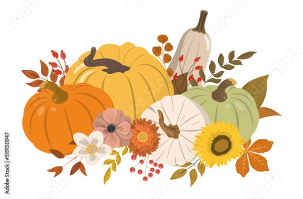 Obraz Śliczne jesienne dynie, kwiaty, jagody i liście clipart. Izolowane na białym tle. Sezonowy projekt powitania lub plakatu.