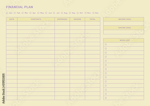 Fototapeta Note, scheduler, diary, planner document template illustration. financial planning form.