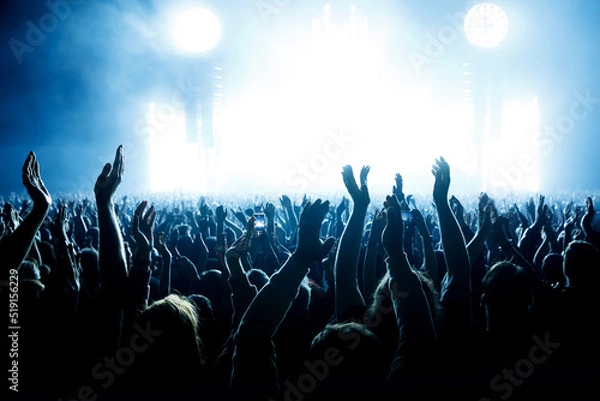 Fototapeta Performance of a popular group. The crowd with raised hands against the stage light.