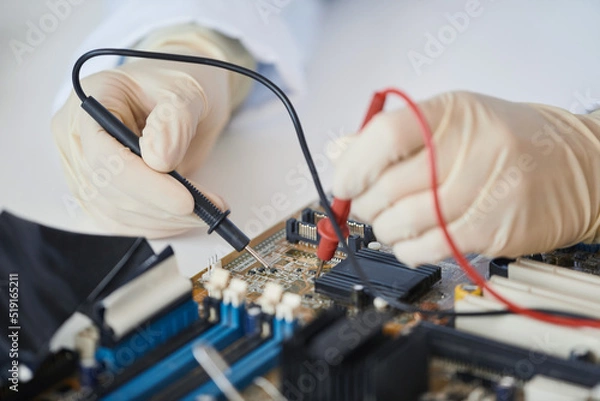 Fototapeta Macro shot of female engineer working with electronic parts in laboratory, copy space