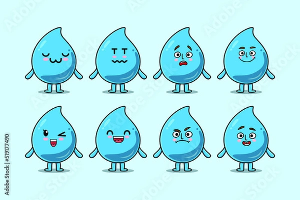 Fototapeta Set kawaii water drop cartoon character with different expressions cartoon face vector illustrations