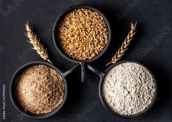 Fototapeta Cups of grains, bran and flour