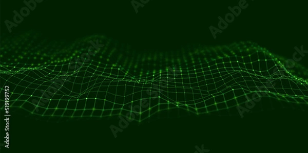Obraz Abstract green particle background. Flow wave with dot landscape. Digital data structure. Future mesh or sound grid. Pattern point visualization. Technology vector illustration.