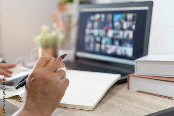 Fototapeta Teacher people lecture note by webinar application for distant education. Internet wireless for distant learning by communication software and online browsing while event zoom or messenger app