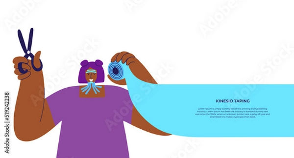 Fototapeta Girl with tapes on her face with tape and scissors in hands. Face modeling and lifting skin concept. Kinesio. Aesthetic facial taping.  Anti-age alternative in cosmetology. Frownies. Facial patches
