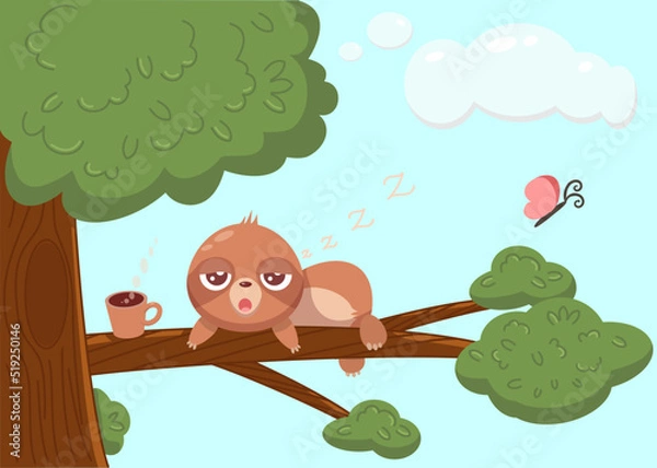 Fototapeta Cartoon illustration sloth on the tree with cup of coffee butterfly and clouds
