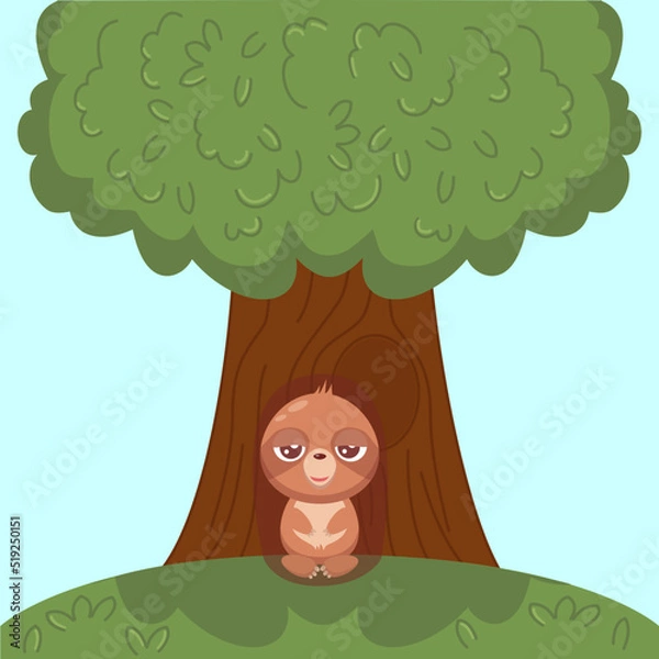 Fototapeta Cartoon illustration sloth hanging on the tree with butterfly and clouds