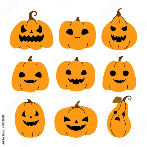 Obraz Set of Halloween scary pumpkins. Orange pumpkins on a white background. Creepy faces with different emotions. Flat vector illustration.
