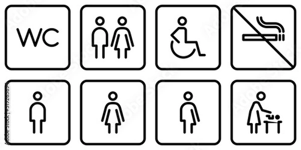 Fototapeta Toilet outline icon set.WC line sign. Man,woman,mother with baby and handicap symbol.Restroom for male, female, transgender, disabled.Editable stroke. Vector graphics
