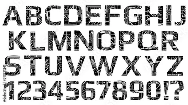 Fototapeta Set of latin digital alphabet perforated with PCB circuit board tracks isolated on white. Black capital letters silhouettes for modern digital world. Design element.