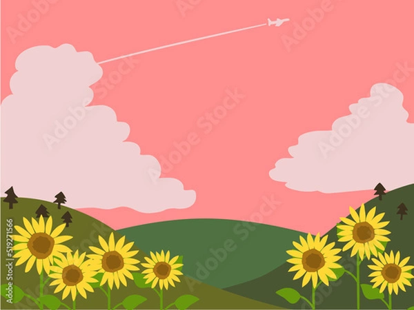 Fototapeta 夏の夕暮れの山景色とヒマワリ