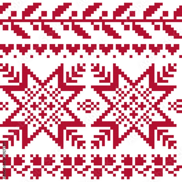 Fototapeta Christmas scandinavian ornament, pixel seamless pattern, red snowflakes on white background