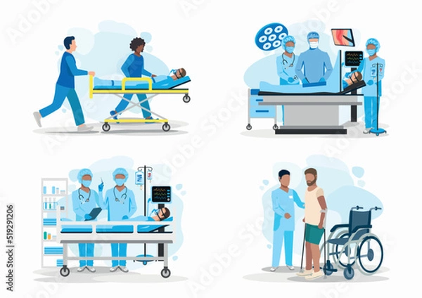 Fototapeta Set of vector illustrations doctor and patient. Paramedics carry a patient on a stretcher, surgery in the operating room, resuscitation, rehabilitation after right. Thank you doctors and nurses. Flat 
